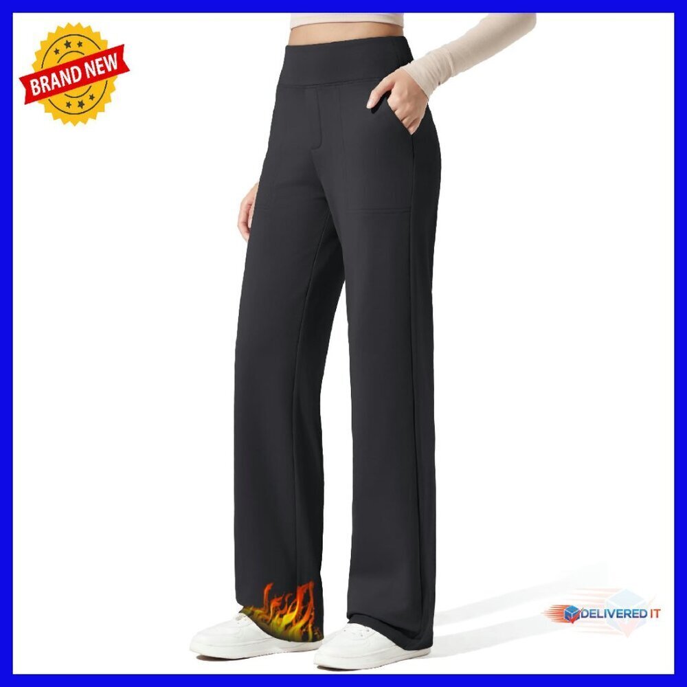 Fleece Lined Wide Leg Thermal Pants with Pockets Work Casual